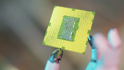 Robot hand holding computer chip. Concept of future of AI, technologies Stock Footage 278605703