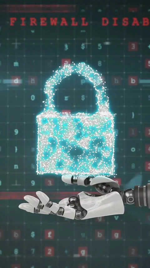 Robot hand holding digital lock, firewall disabled animation over matrix Stock Footage 343028627