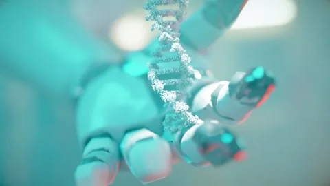 Robot hand holding DNA sequence double helix, concept of future technology, AI Stock Footage 272168636