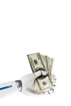 Robot hand holding dollar banknotes Stock Photos