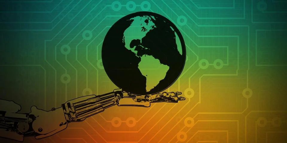 Robot Hand Holding Globe Illustrazione stock