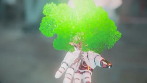 Robot hand holding green tree. Concept of technology meeting nature Stock Footage 209600204