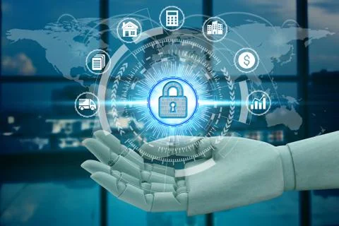 Robot hand holding network using padlock over the Network connection technolo 写真素材