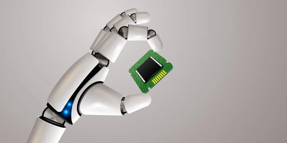 Robot hand holding processor. Technology, machine learning, neural network Stock Illustration