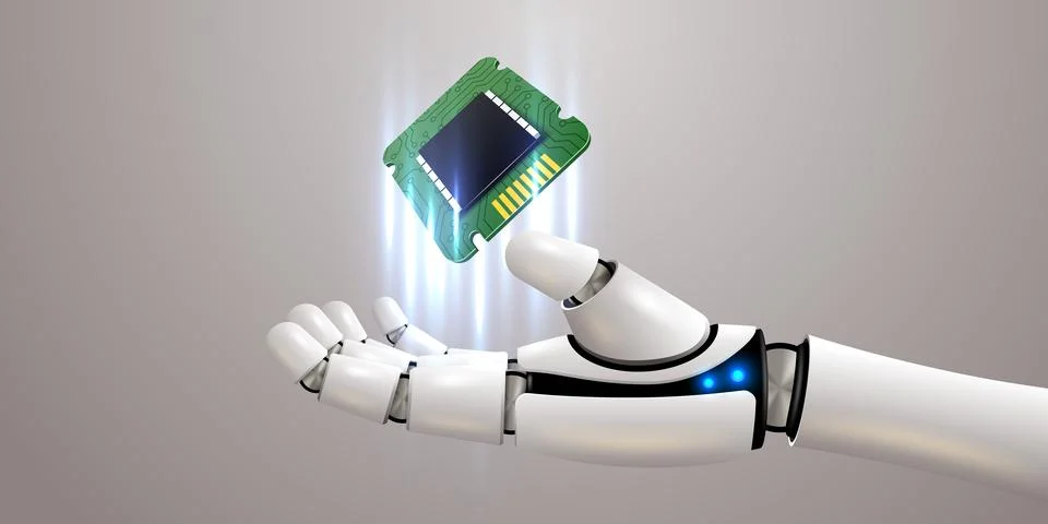 Robot hand holding processor. Technology, machine learning, neural network イラスト素材