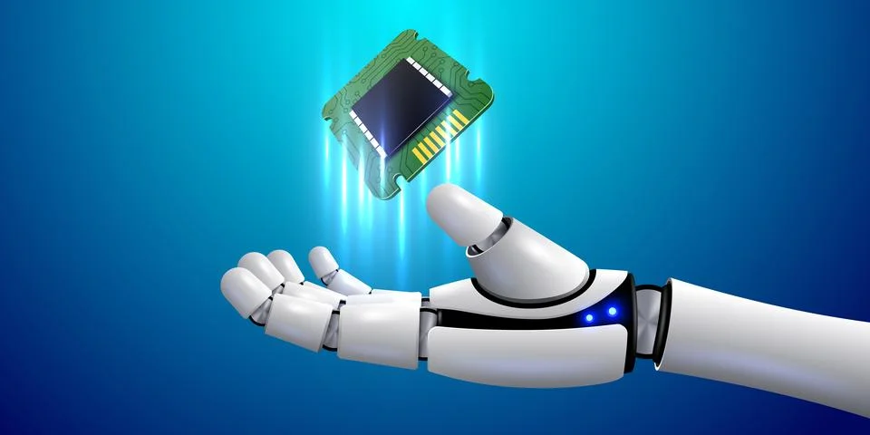 Robot hand holding processor. Technology, machine learning, neural network イラスト素材