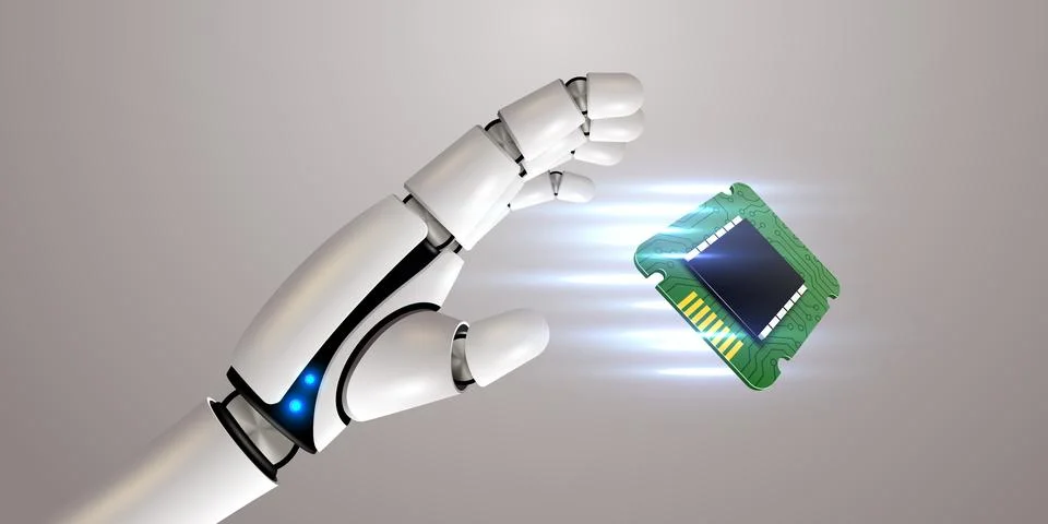 Robot hand holding processor. Technology, machine learning, neural network Illustrazione stock