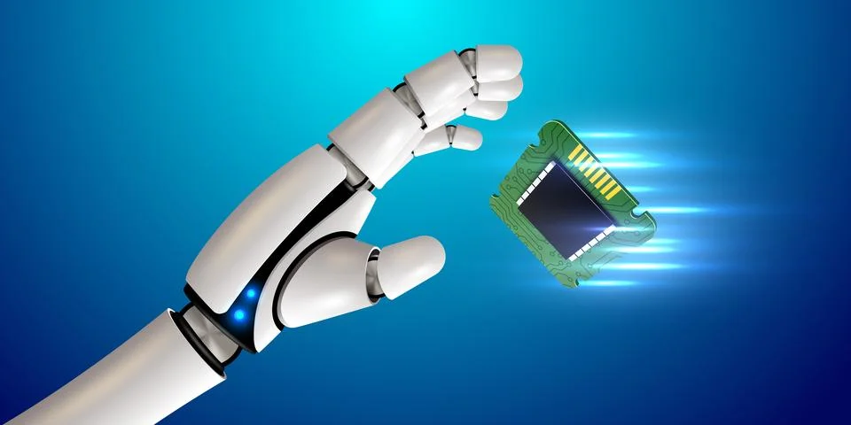 Robot hand holding processor. Technology, machine learning, neural network Stock Illustration