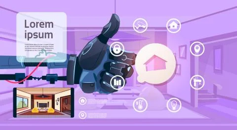 Robot Hand Holding Thumb Up Over Smart House Monitoring Interface Technology Of Ilustración de archivo