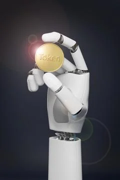 Robot hand holding a token coin on dark background. 3D illustration. Stock Illustration