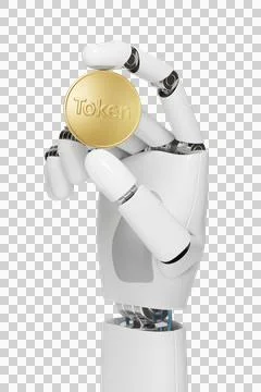 Robot hand holding a token coin isolated on white background. 3D illustration Stock Illustration