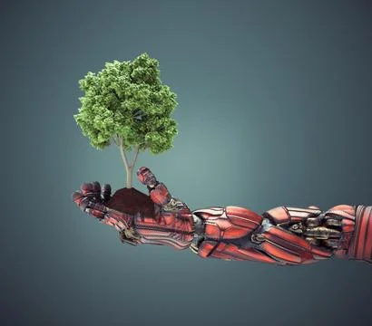 Robot hand holding a tree grounded with soil. Stock Illustration
