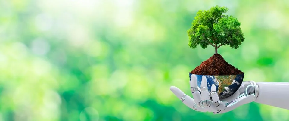 Robot Hand holding tree with half globe. Artificial Intelligence, World Env.. Stock Illustration