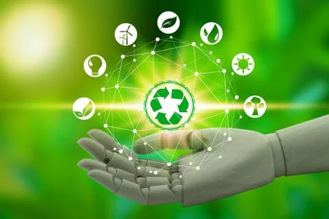 Robot hand holding with virtual environment icons over the network connection Stock Photos