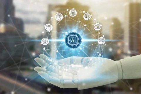 Robot hand holding with virtual screen Artificial Intelligence technology ico Stock Photos
