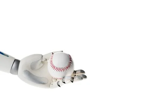 Robot hand holding white baseball Stock Photos
