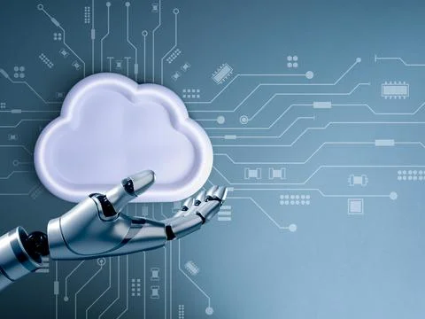 Robot hand holding white cloud icon with circuit board background, symboliz.. Stock Photos