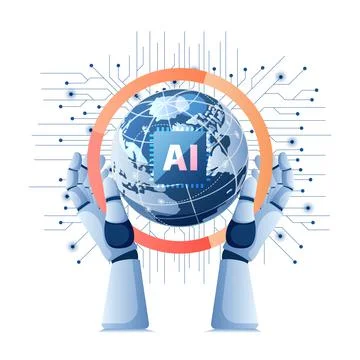 Robot Hand Holding World with Artificial Intelligence Ai Chip on Electronic C Stock Illustration