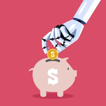 Robot hand insert coin into piggy bank Stock Illustration
