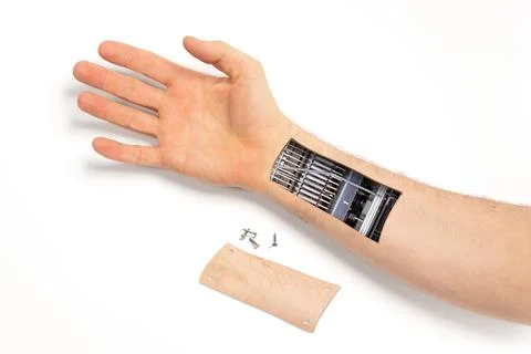 Robot hand inside human hand - Prosthesis concept Stock Photos