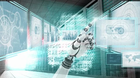 Robot hand interacting with technology interface  and code security and identity Video stock 98053105