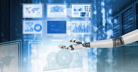 Robot hand interacting with technology interface panels Free Stock Illustration