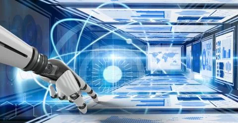 Robot hand interacting with technology interface panels Free Stock Illustration