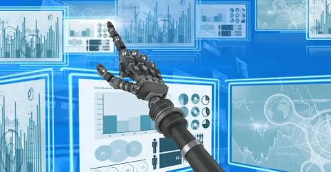 Robot hand interacting with technology interface panels Illustrazione stock gratuita