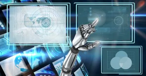 Robot hand interacting with technology interface panels Free Stock Illustration