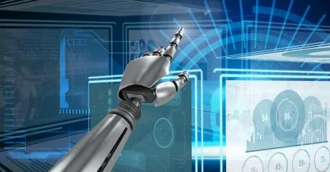 Robot hand interacting with technology interface panels Illustrazione stock gratuita