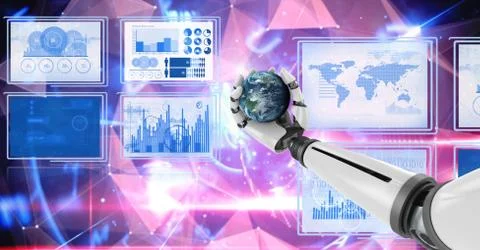 Robot hand interacting with technology interface panels holding world globe Free Stock Illustration