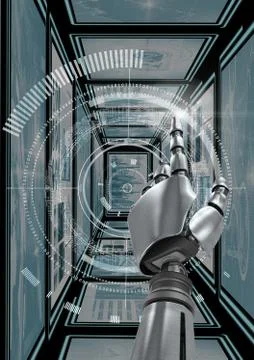 Robot hand interacting with technology interface panels Grats Stockgrafik