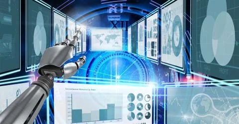 Robot hand interacting with technology interface panels Free Stock Illustration