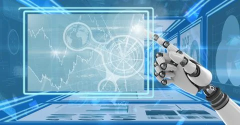 Robot hand interacting with technology interface panels Free Stock Illustration