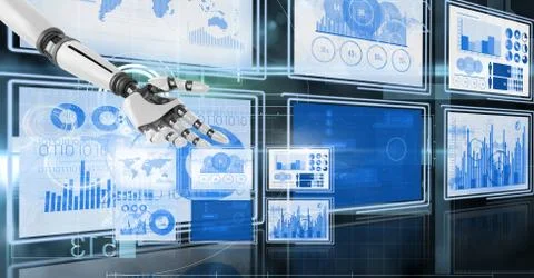 Robot hand interacting with technology interface panels Illustrazione stock gratuita