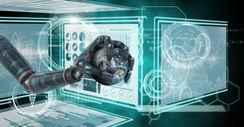 Robot hand interacting with technology interface panels holding planet earth Free Stock Illustration