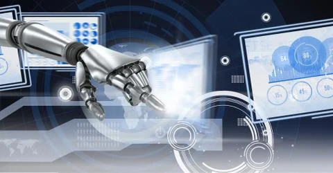 Robot hand interacting with technology interface panels Free Stock Illustration