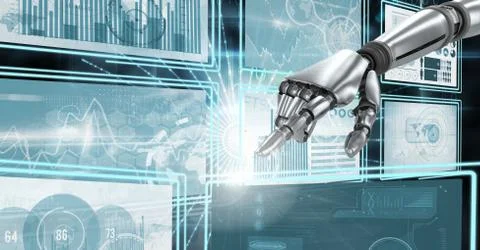 Robot hand interacting with technology interface panels Free Stock Illustration
