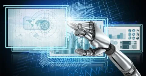 Robot hand interacting with technology interface panels Free Stock Illustration