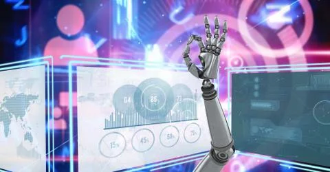 Robot hand interacting with technology interface panels Free Stock Illustration