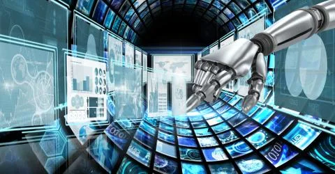 Robot hand interacting with technology interface panels Illustrazione stock gratuita