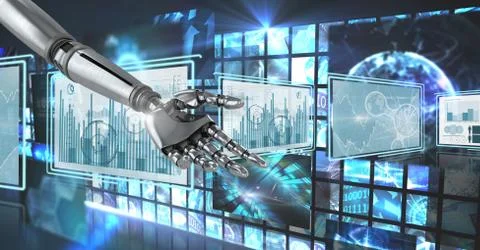 Robot hand interacting with technology interface panels Illustrazione stock gratuita