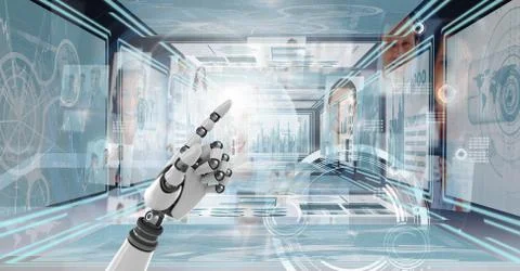 Robot hand interacting with technology interface panels Illustrazione stock gratuita