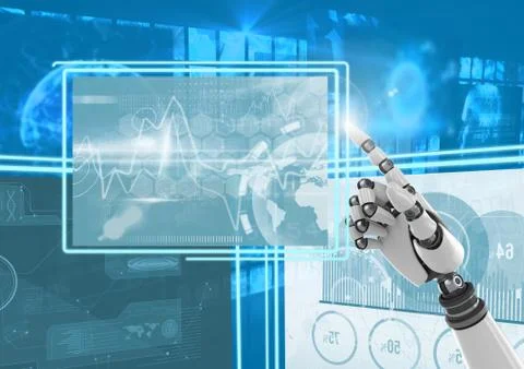 Robot hand interacting with technology interface panels Free Stock Illustration