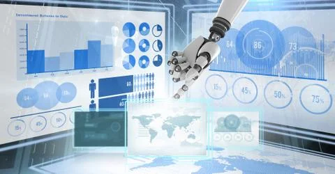 Robot hand interacting with technology interface panels Illustrazione stock gratuita