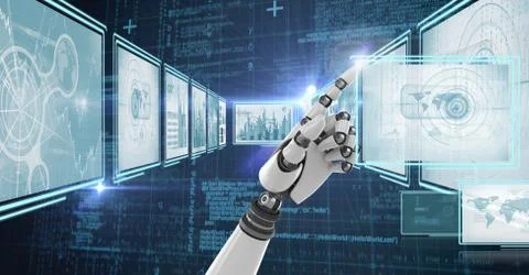 Robot hand interacting with technology interface panels Free Stock Illustration
