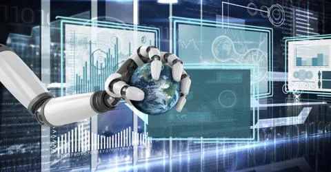 Robot hand interacting with technology interface panels holding planet Free Stock Illustration