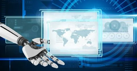 Robot hand interacting with technology interface panels Free Stock Illustration