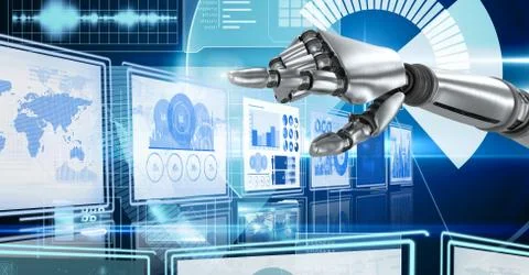 Robot hand interacting with technology interface panels Free Stock Illustration