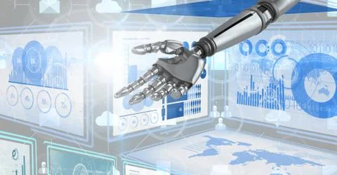 Robot hand interacting with technology interface panels Free Stock Illustration